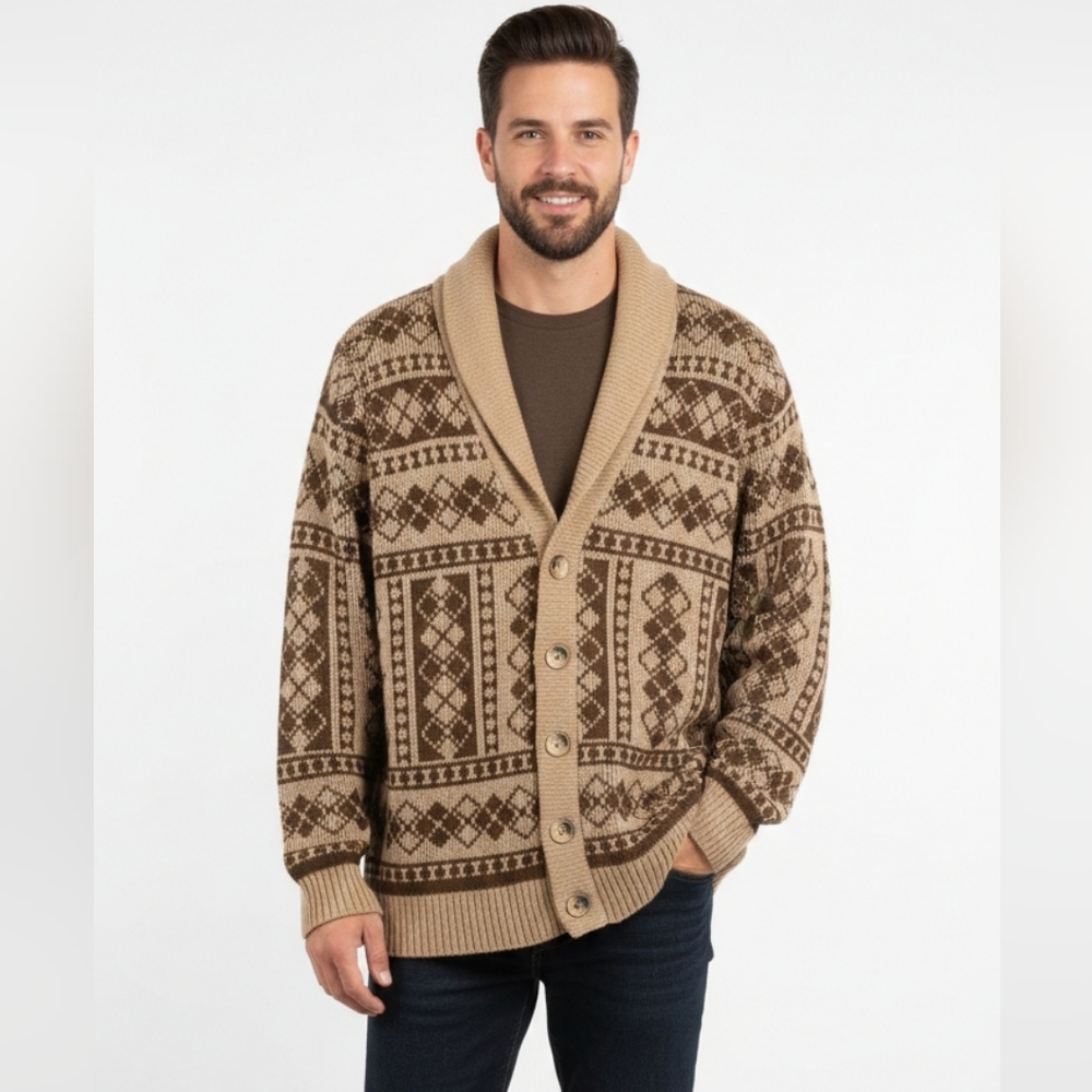 Sportswear Vintage Men's Oversized Brown Argyle Patterned Grandpa Sweater Medium